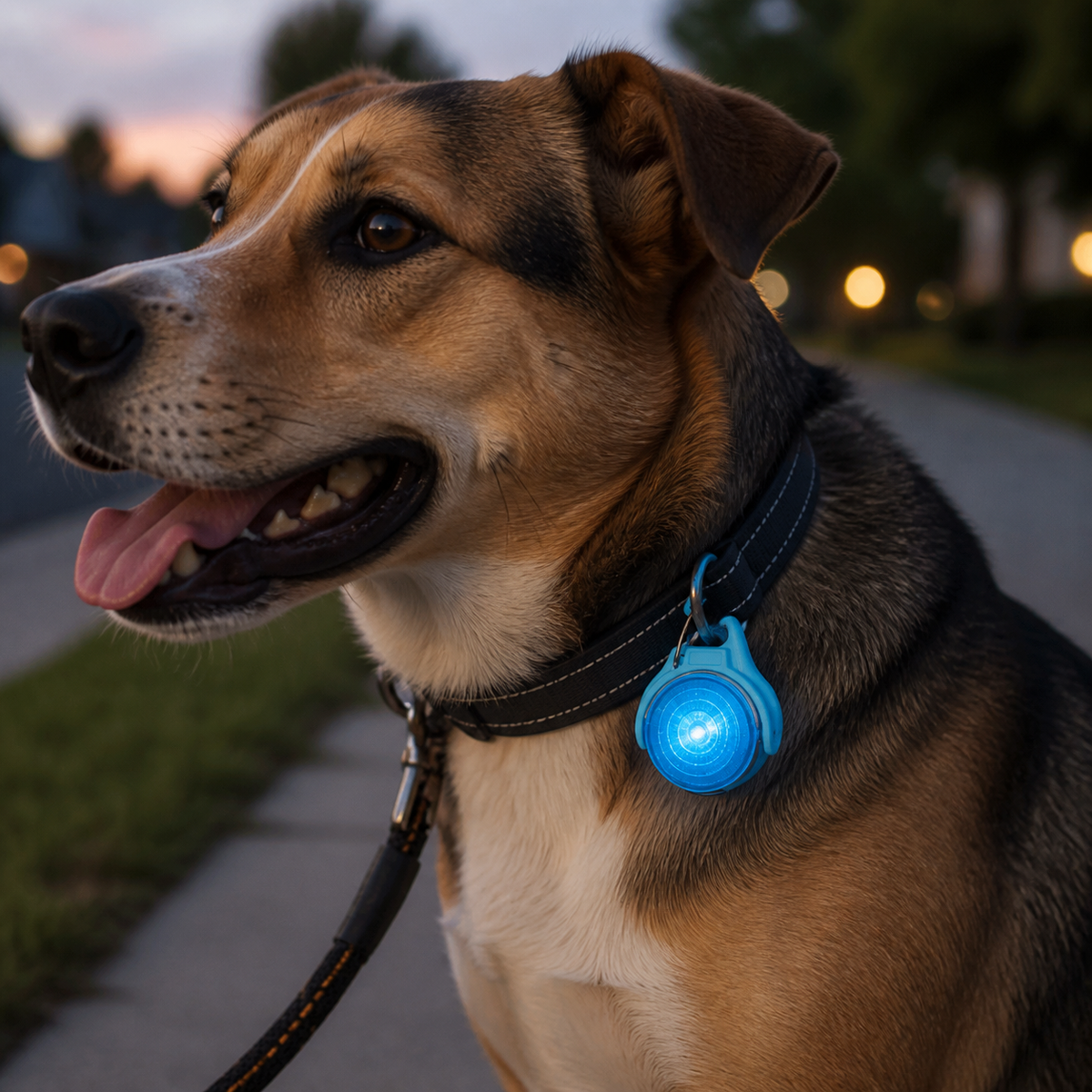 METRO200 LED dog walking light clipped to a collar during an evening walk