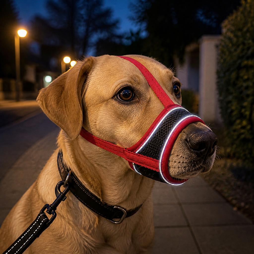 Terramyc reflective dog muzzle used during an evening walk