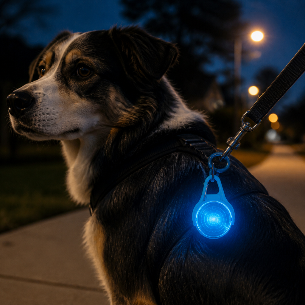 METRO200 LED dog walking light glowing on a dog harness at night
