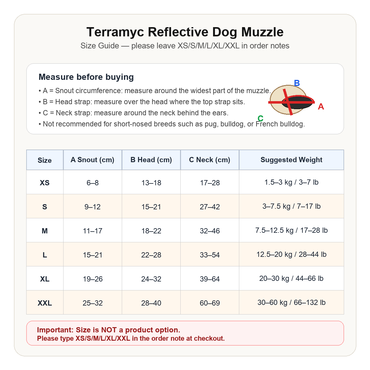Terramyc reflective dog muzzle size guide and order note reminder