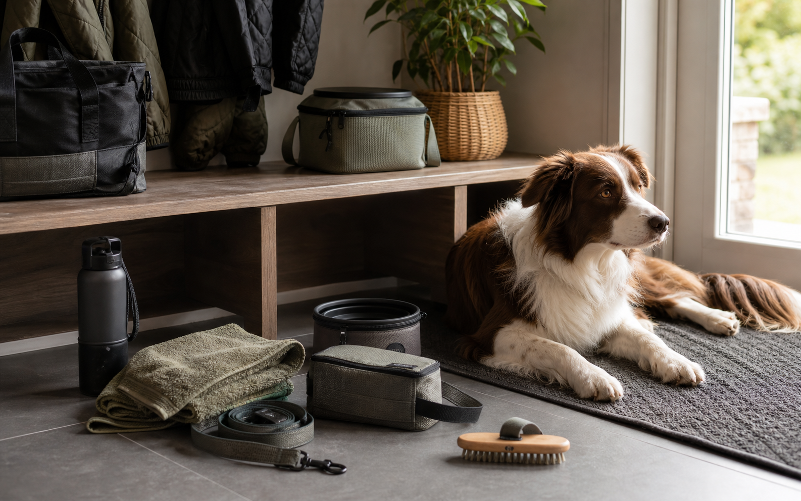 Organized Chuko Gear pet accessories after an outdoor walk