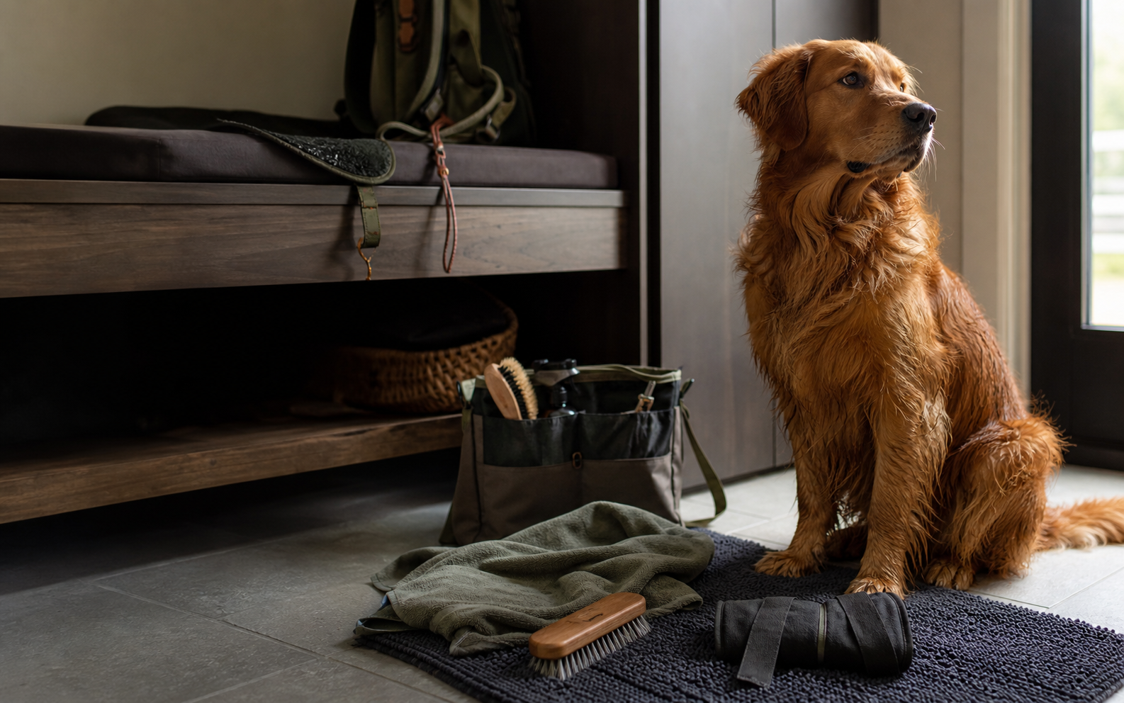 Dog with Chuko Gear grooming and care accessories in a mudroom