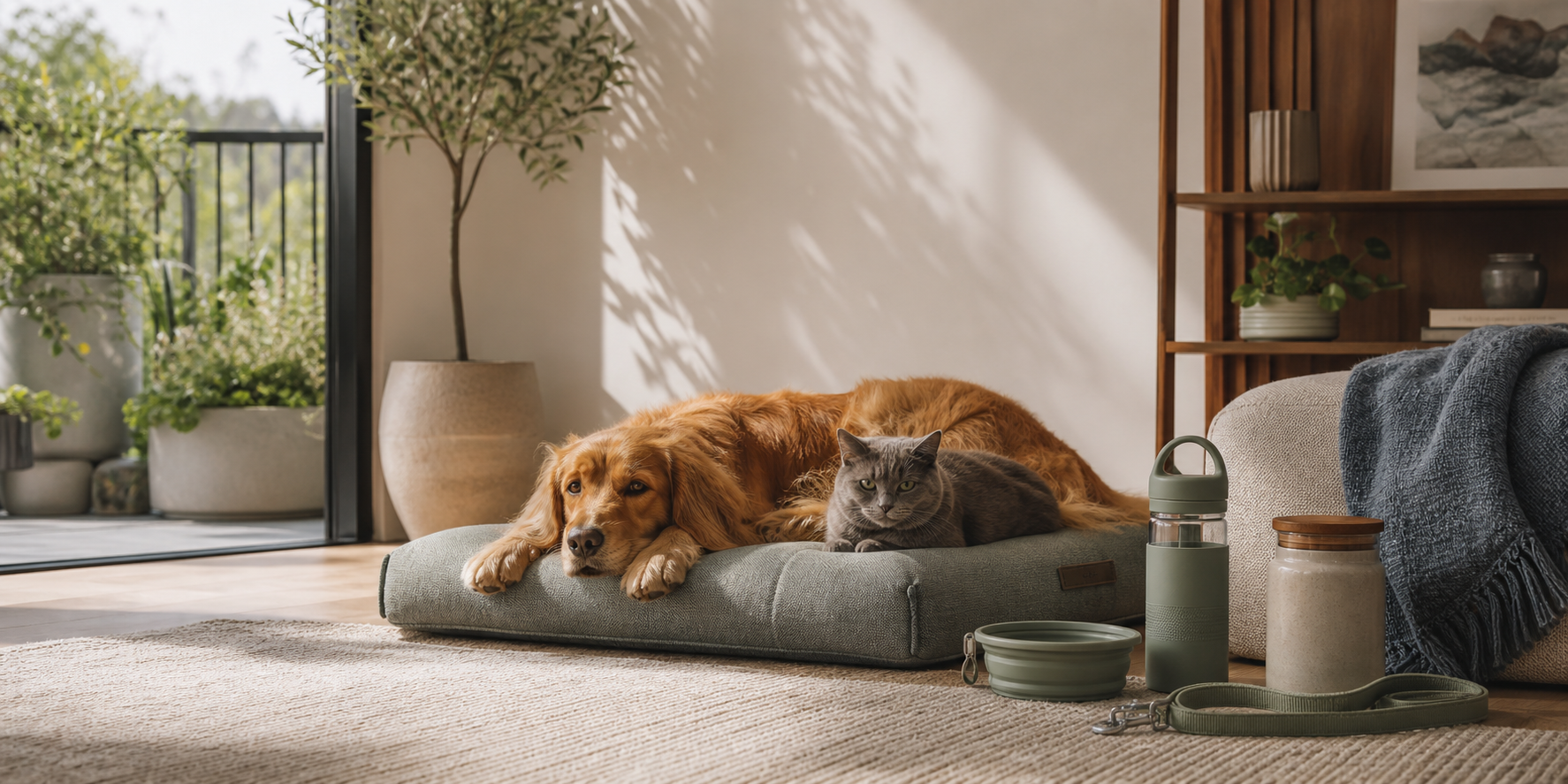 A curated arrangement of Chuko Gear collars, leash, bowl, toy, and grooming equipment