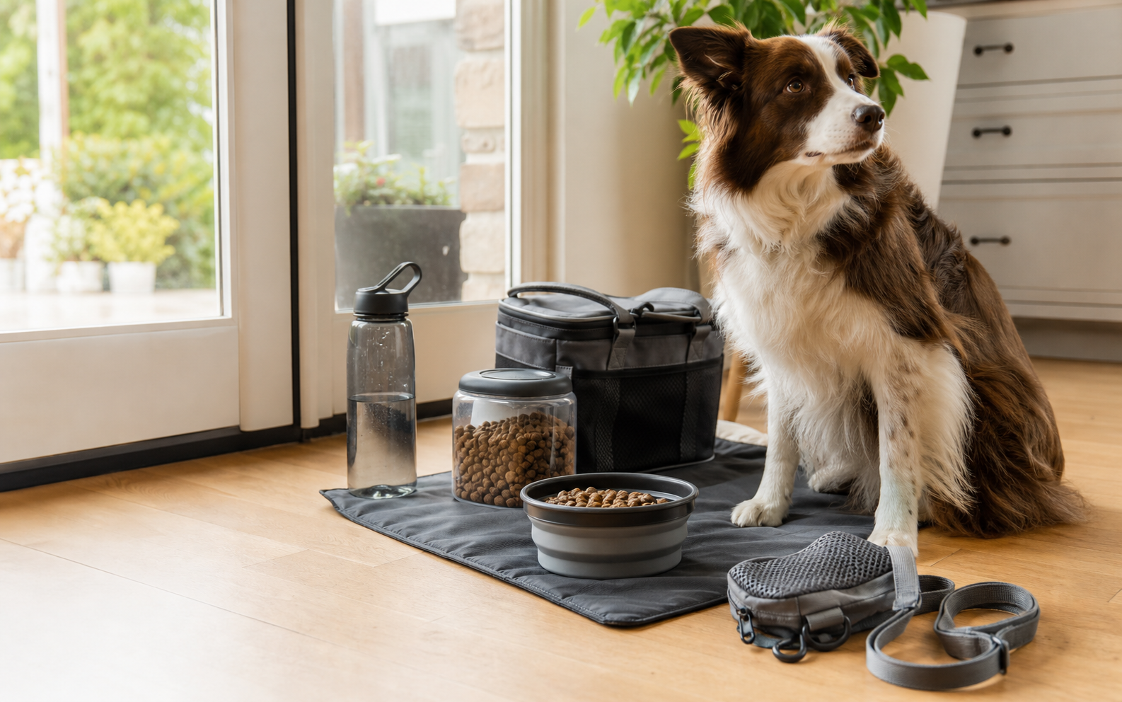 Dog beside Chuko Gear feeding and hydration accessories