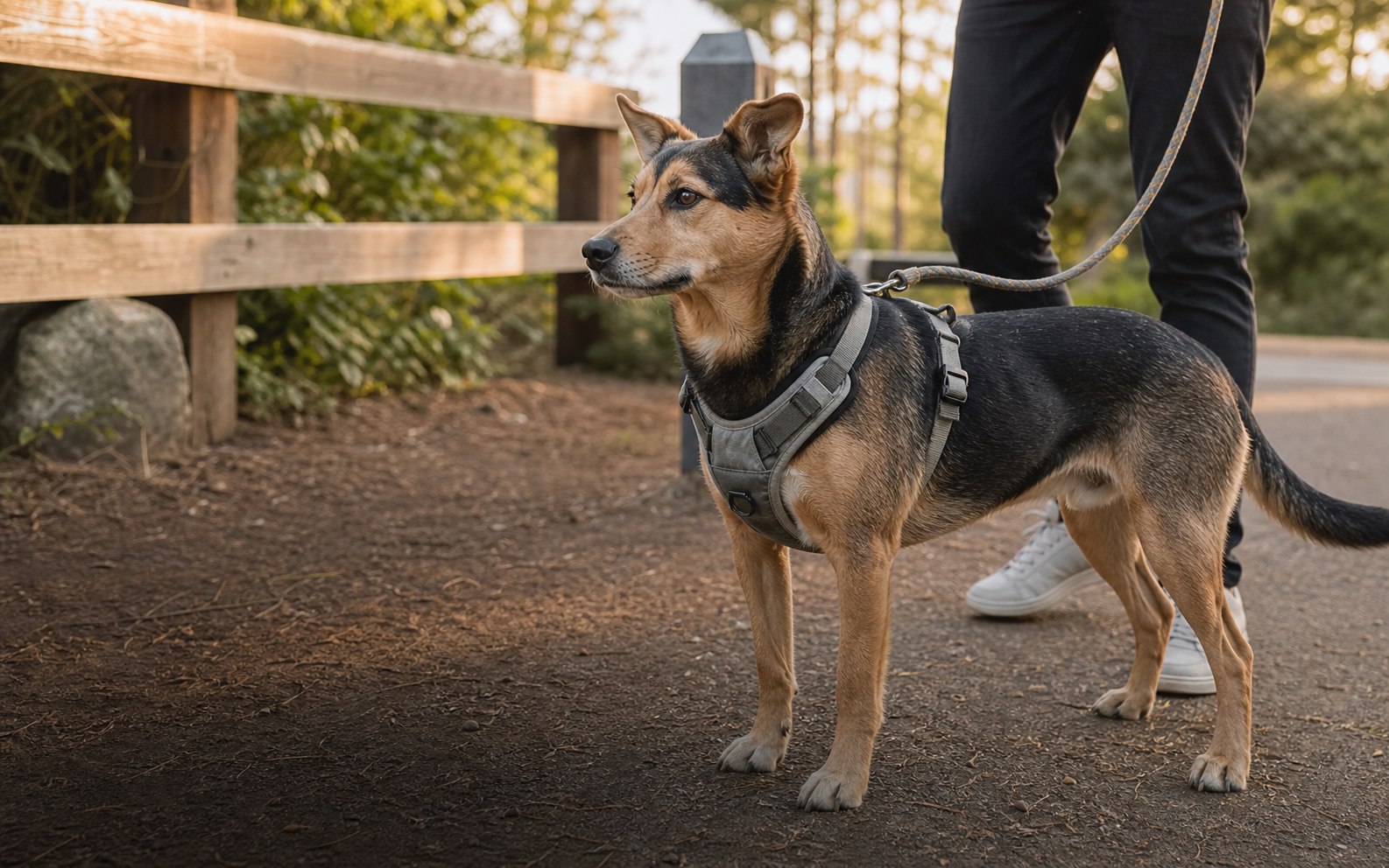 Dog walking with Chuko Gear harness and leash