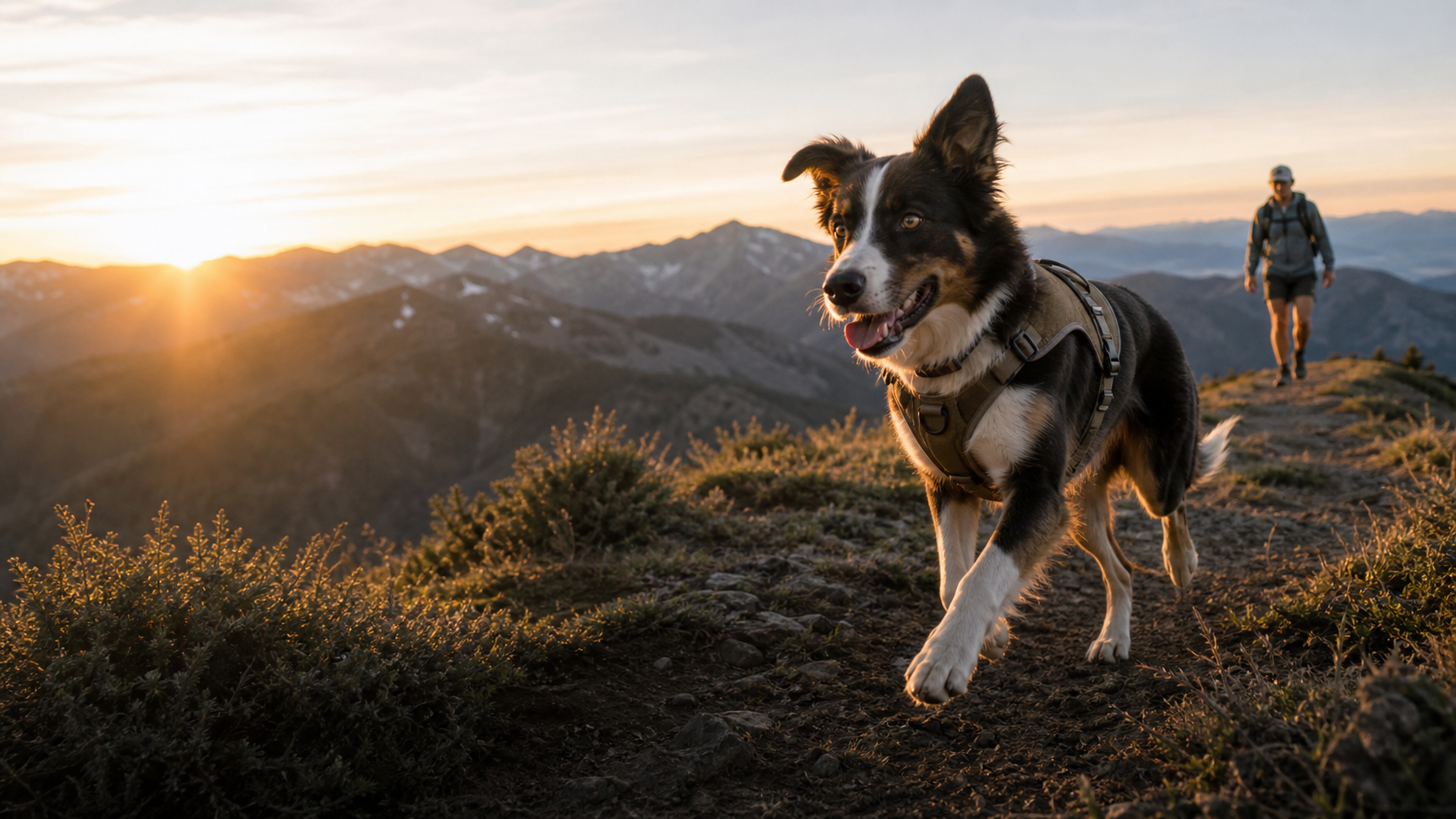 Dog running along a mountain ridge with outdoor pet gear