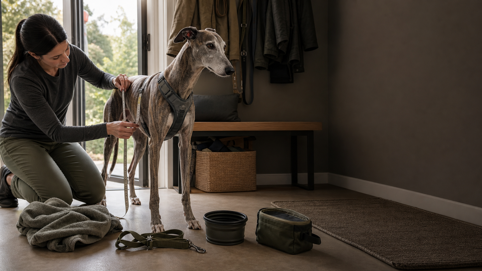 Owner measuring a dog for Chuko Gear harness fit near outdoor pet equipment