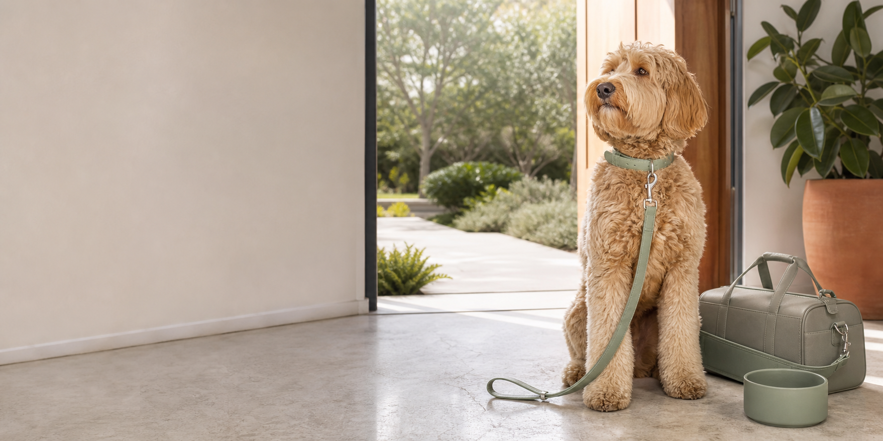 A calm dog with premium Chuko Gear walking and travel equipment in a bright home entryway
