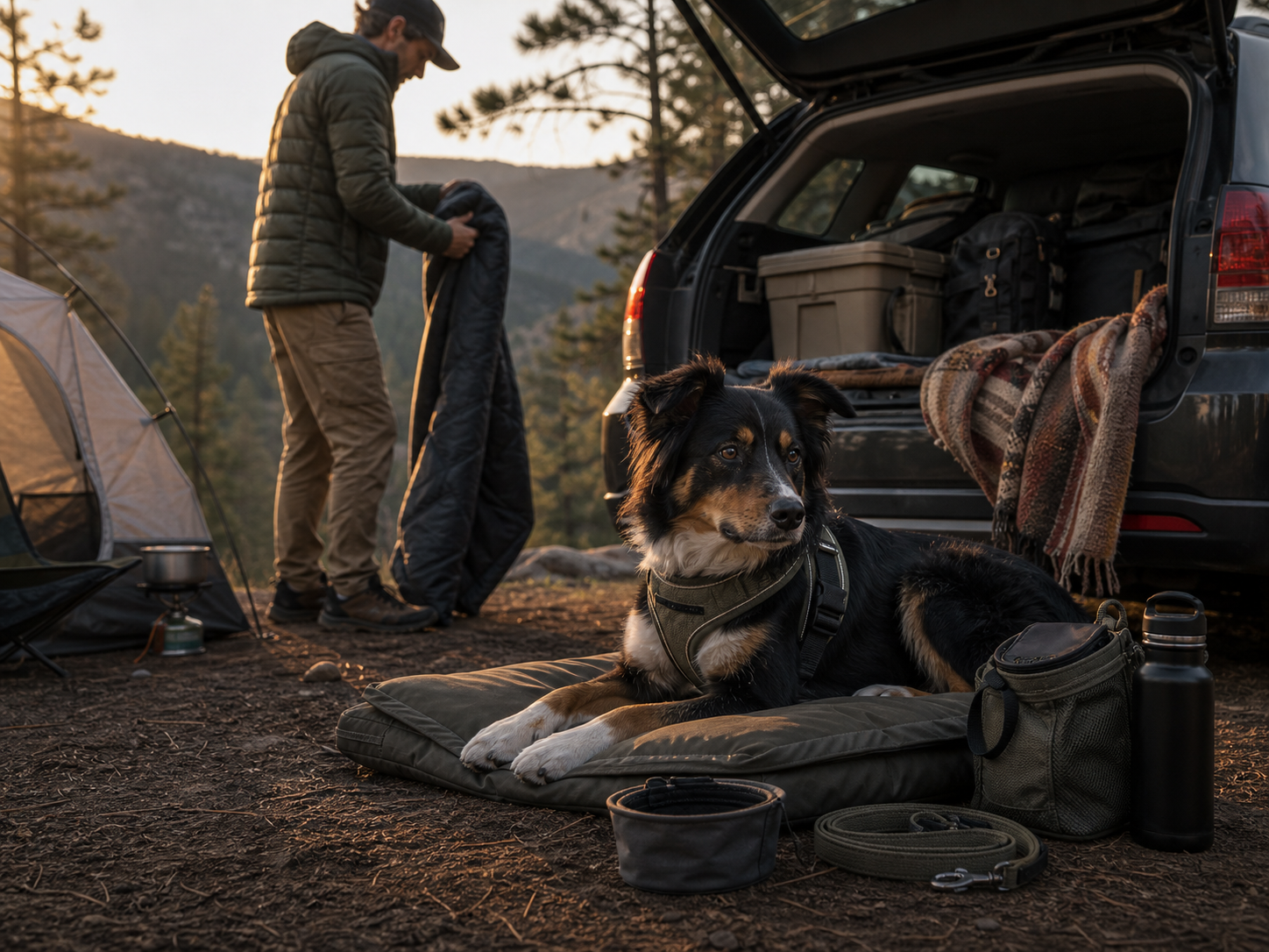 Dog camping beside road trip pet gear and an open car tailgate