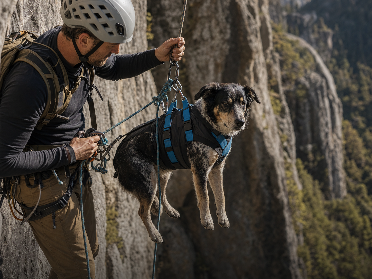 Dog resting safely at a climbing crag with outdoor pet gear