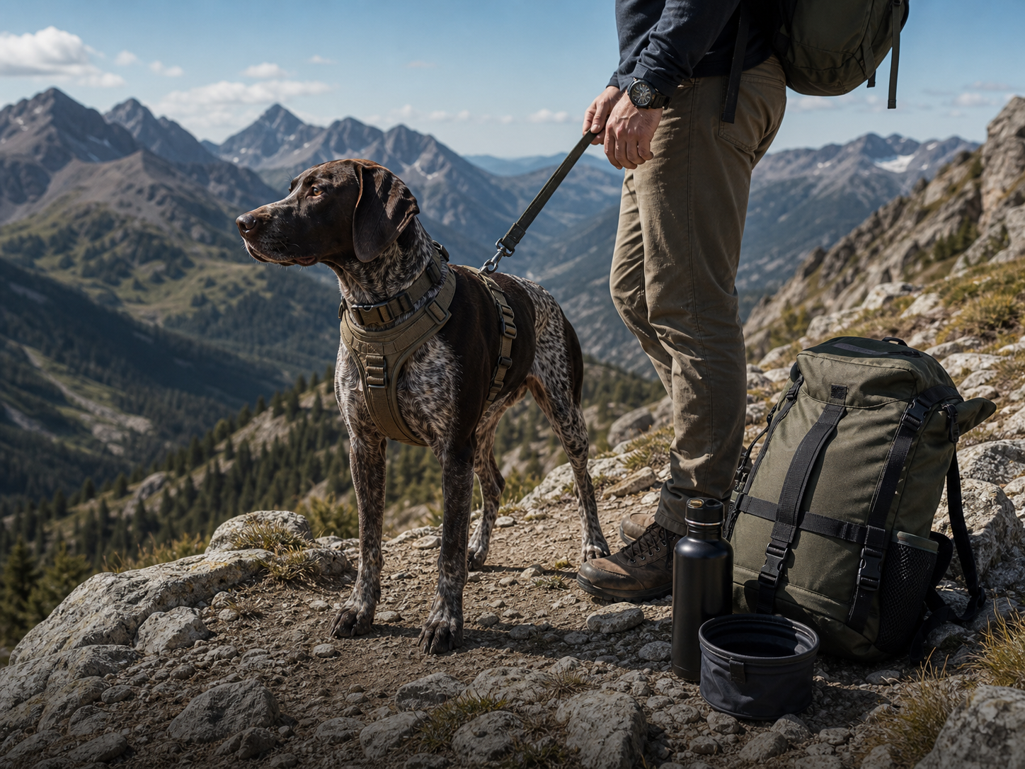Dog hiking on a mountain trail with practical pet gear